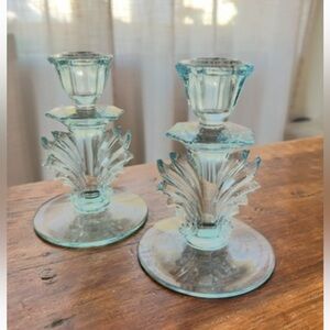 FOSTORIA GLASS CO. BAROQUE
AZURE BLUE candlestick holders